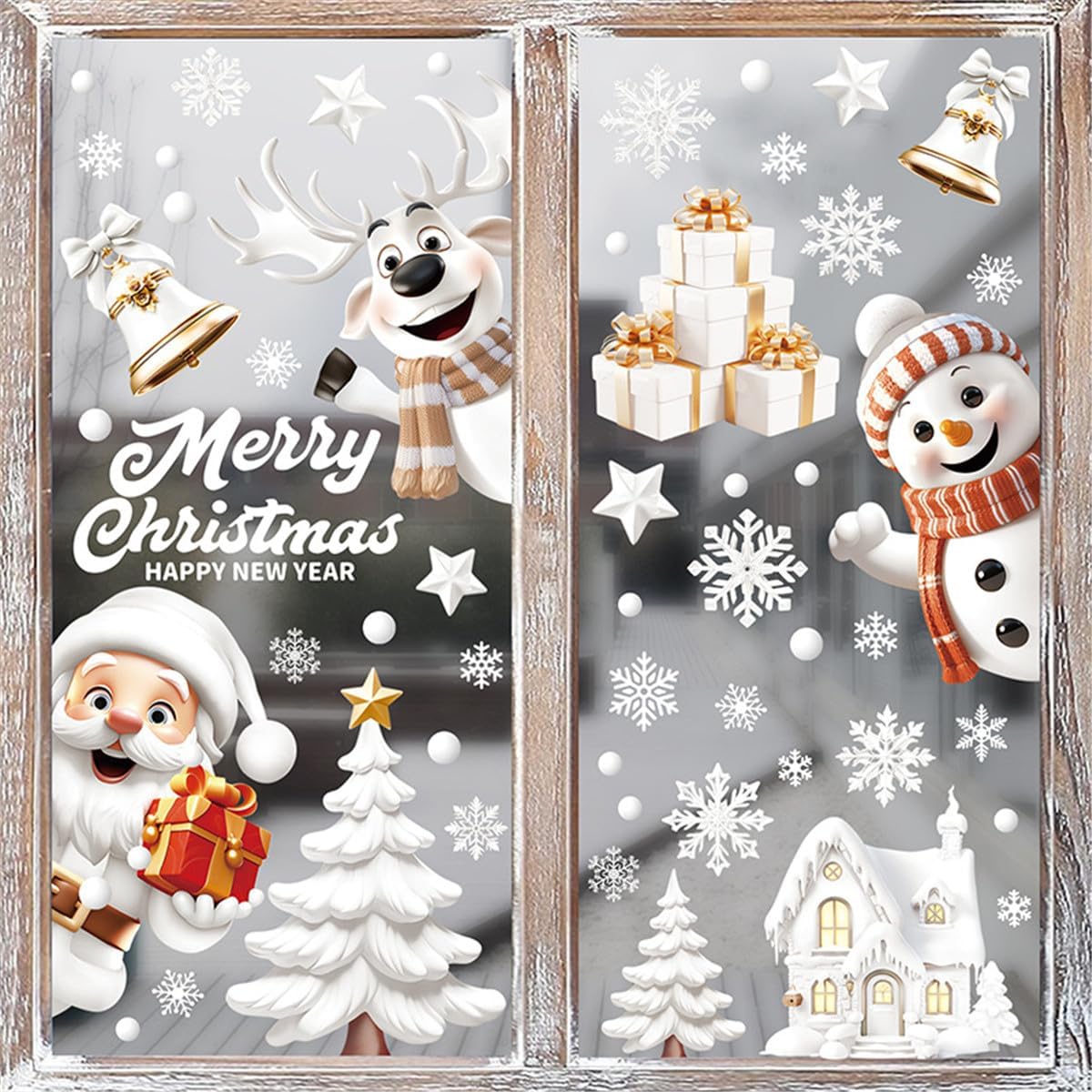 146Pcs Christmas Santa Window Clings,9 Sheets Blue Christmas Window Stickers Decorations,Xmas Elk Snowman Window Stickers Santa Christmas Window Decals for Home Deer Santa Claus and Snowflakes