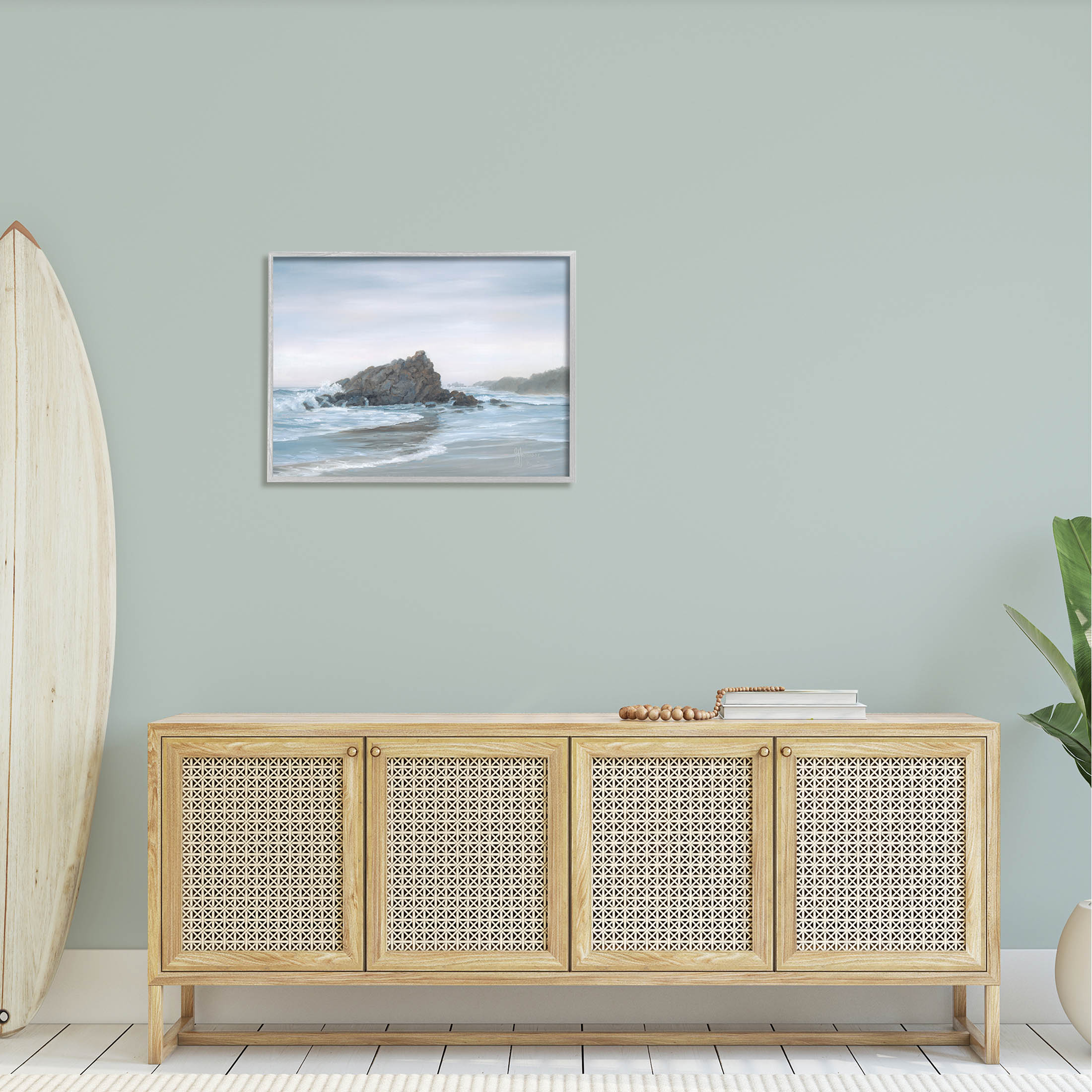 Crashing Waves Rocky Beach Coastal Painting Gray Framed Art Print Wall Art