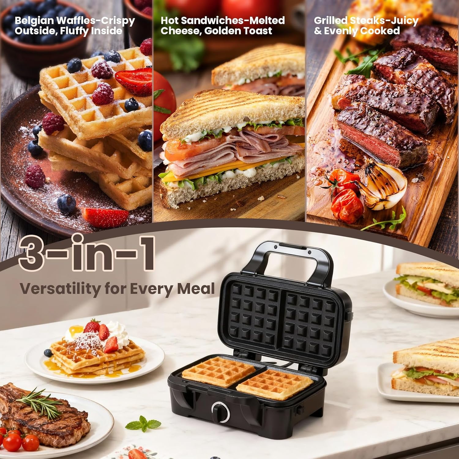 3-in-1 Waffle Maker with Removable Plates, Nonstick Sandwich & Pancake Maker, 5-Level  Control for Family Breakfast