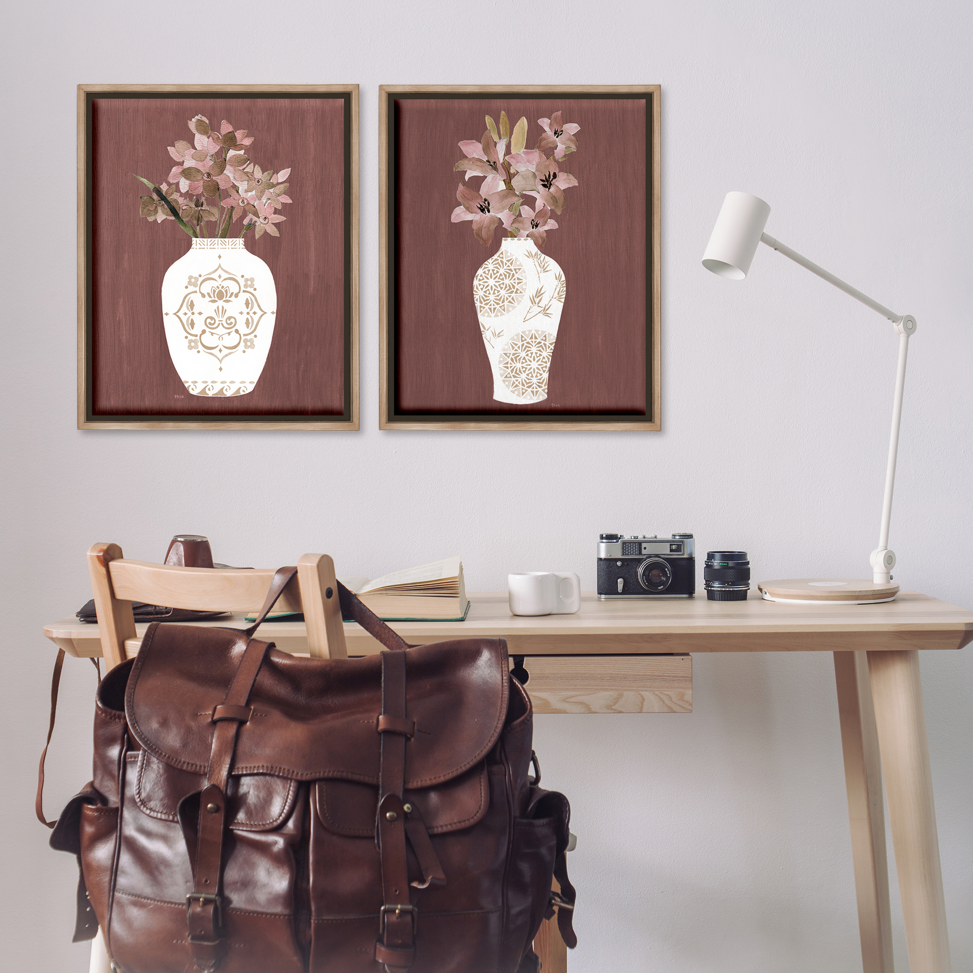 Stupell Industries Rustic Boho Bouquets Plants & Flowers Painting Brown Floater Framed Canvas Art Print Wall Art, 31 x 25, Set of 2