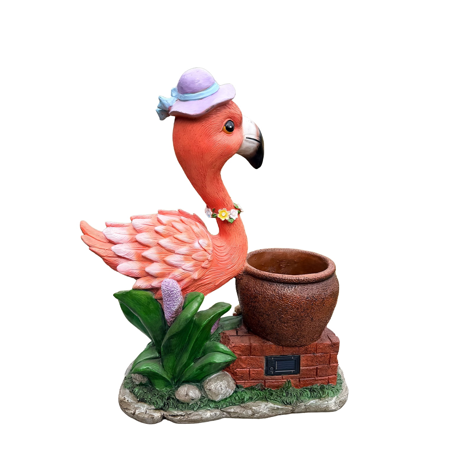 Set of 1 Outdoor Garden Flamingo Sculpture Flower Pot Planter, Pink Resin Yard Statue with Solar Light for Patio Decor，Purple  Hat