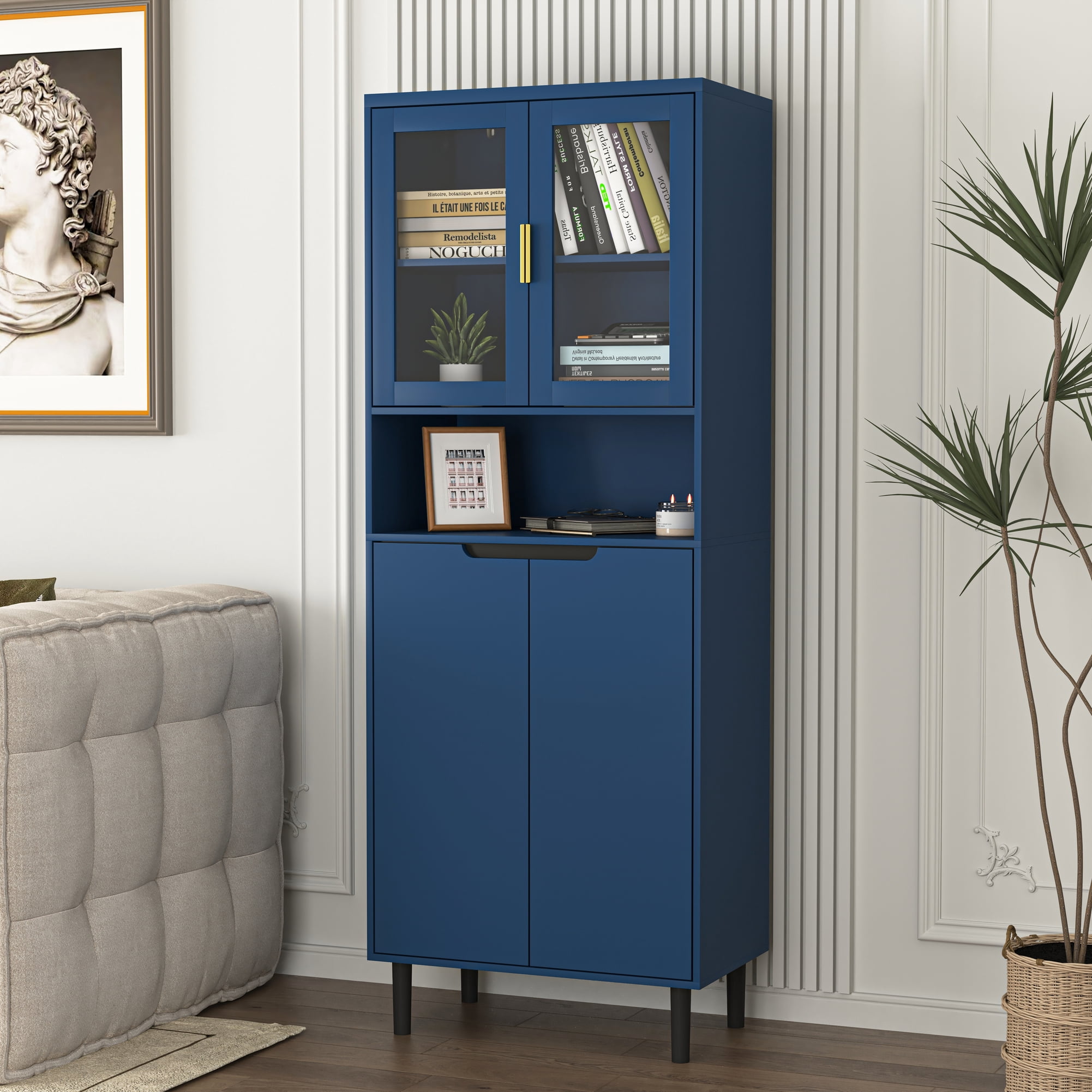 Noble House Tall Storage Bookcase Cabinet with Tempered Glass Doors and Adjustable Shelf, Navy Blue