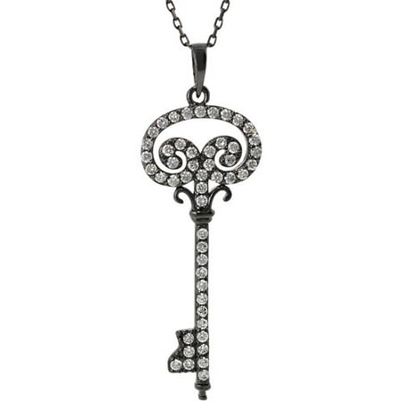 Brinley Co. Black and White CZ Sterling Silver Heart and Key Pendant, 16 with 1" Extender"