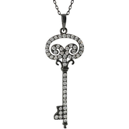 Brinley Co. Black and White CZ Sterling Silver Heart and Key Pendant, 16 with 1 Extender