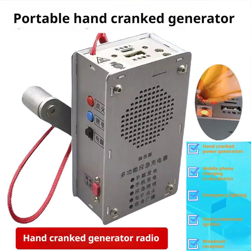 Hand Crank Generator – Portable Emergency Power Bank with Flashlight, FM Radio & Windproof Plasma Lighter, Aluminum Alloy Charger for Camping & Hiking