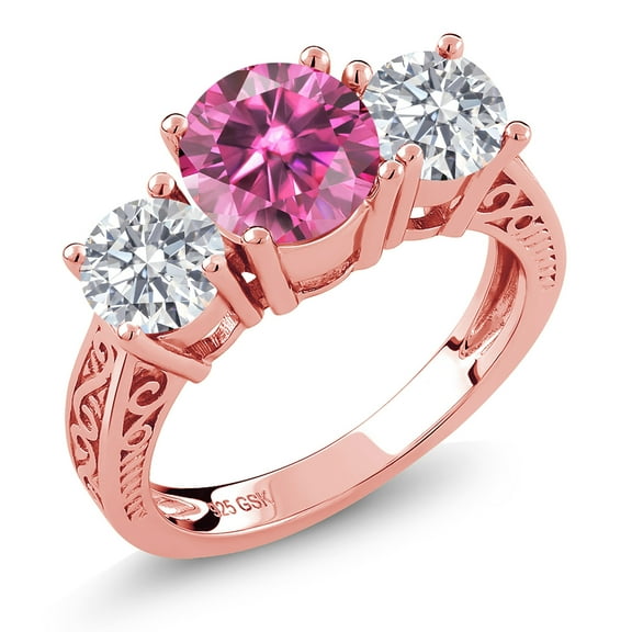 Gem Stone King 18K Rose Gold Plated Silver 3-Stone Ring Round Pink Moissanite and Lab Grown Diamond White (2.20 Cttw, Size 9)