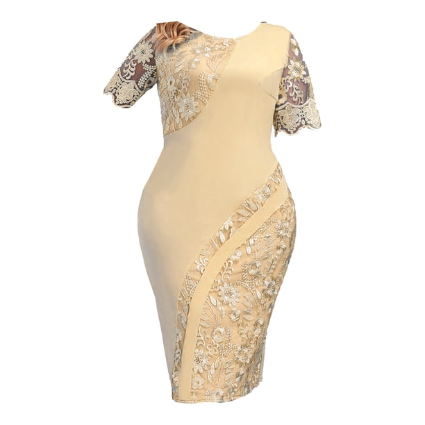 iiniim Womens Short Sleeve Embroidery Lace Bodycon Cocktail Party Plus Size  Mother of The Bride Midi Dress A Yellow 4XL