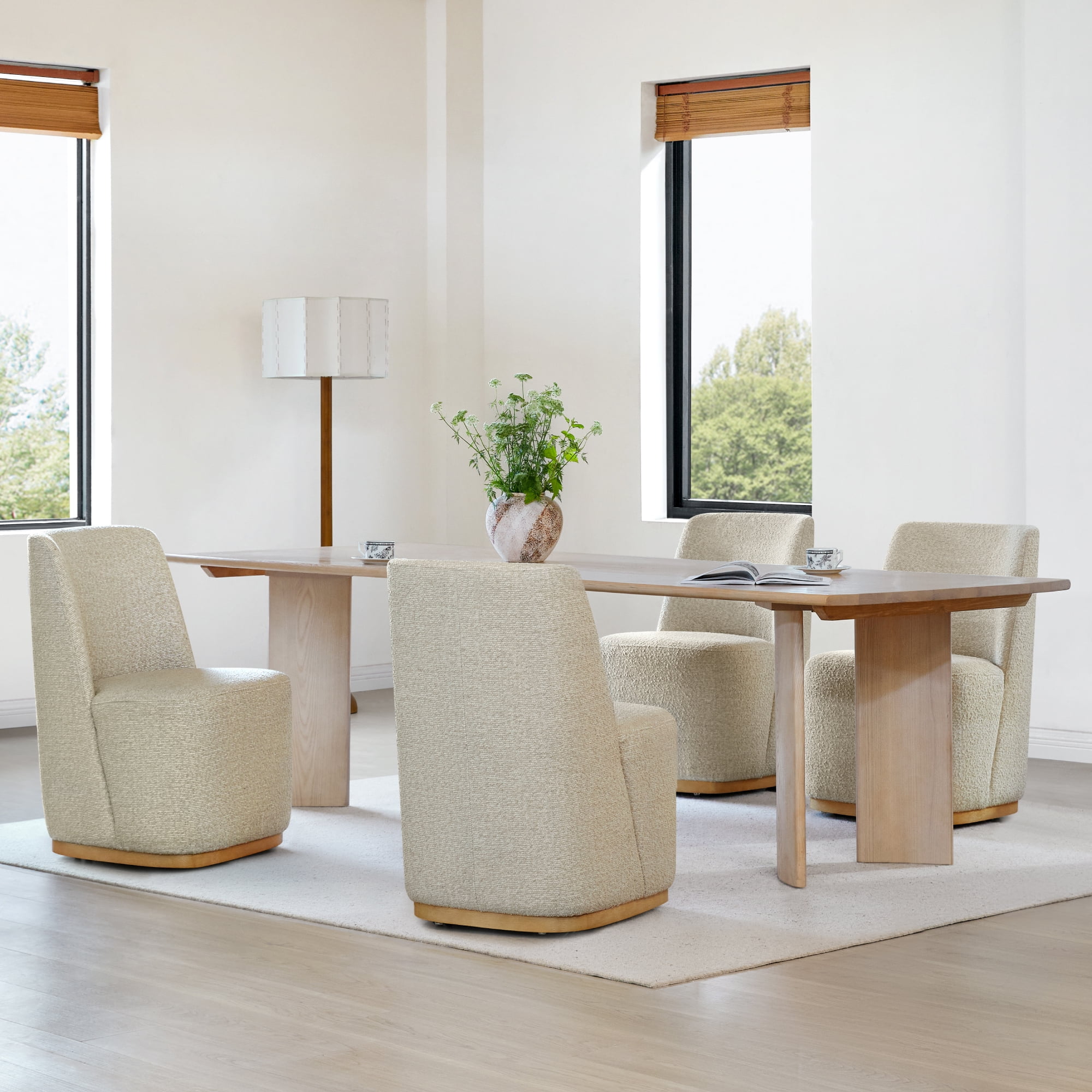 Spruce & Spring Modern Upholstered Dining Chair with Hidden Casters & Wood Base Set of 2, Oatmeal