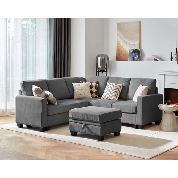 CHIC HOUSE 83" L Shaped Sectional Sofa with Storage Ottoman Chaise, Corduroy Sofa Convertible Sectional Couches for Living Room, 6 Seater Corner Modular Sofa with Deep Seat Throw Pillows, Gray