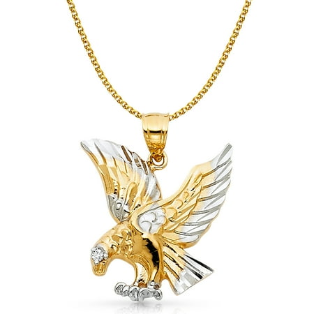 14k Two Tone Gold Eagle Charm Pendant With 17mm Flat Open Wheat Chain Necklace 16
