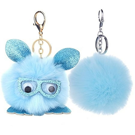 - BodyJ4You 2PCS Faux Fur Keychain Blue Pom Pom Fluffy Fox Ball Purse Wallet Car Key Clasp Ring Set
