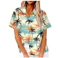 thumbnail image 1 of Camisas de Manga Corta para las Mujeres Cuello Redondo Hawaii Impresión Casual Blusa Plisada, Top Flujo, 1 of 5