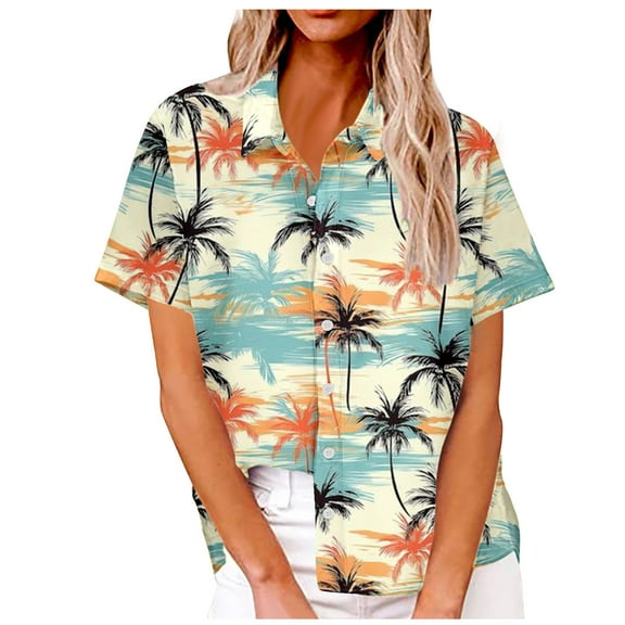 Lovskoo 2024 Women's Hawaiian Shirts Floral Printed V Neck Shirts Summer Soft Short Sleeve Button Down Shirts Navy L