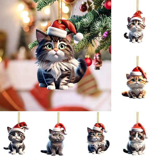 Adornos navideños para gatos - Decoraciones acrílicas para coches y árboles con sombreros, colgante festivo para decoración del hogar, regalo