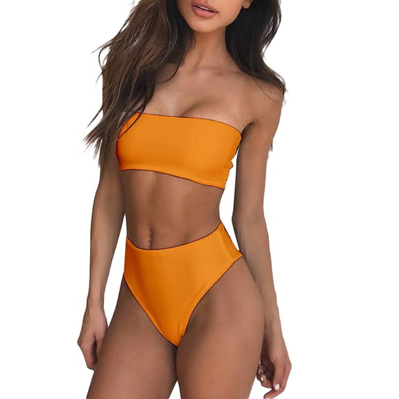 ENJOYW Sexy Women Solid Color Tube Top Bandeau High Waist Panties Set Bikini SwimwearPolyester