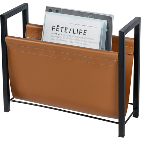15 Inch Modern Caramel Leatherette Magazine Holder with Rectangular Black Metal Frame, Floor Standing Faux Leather Book Storage Newspaper Rack, Home Bathroom Decor