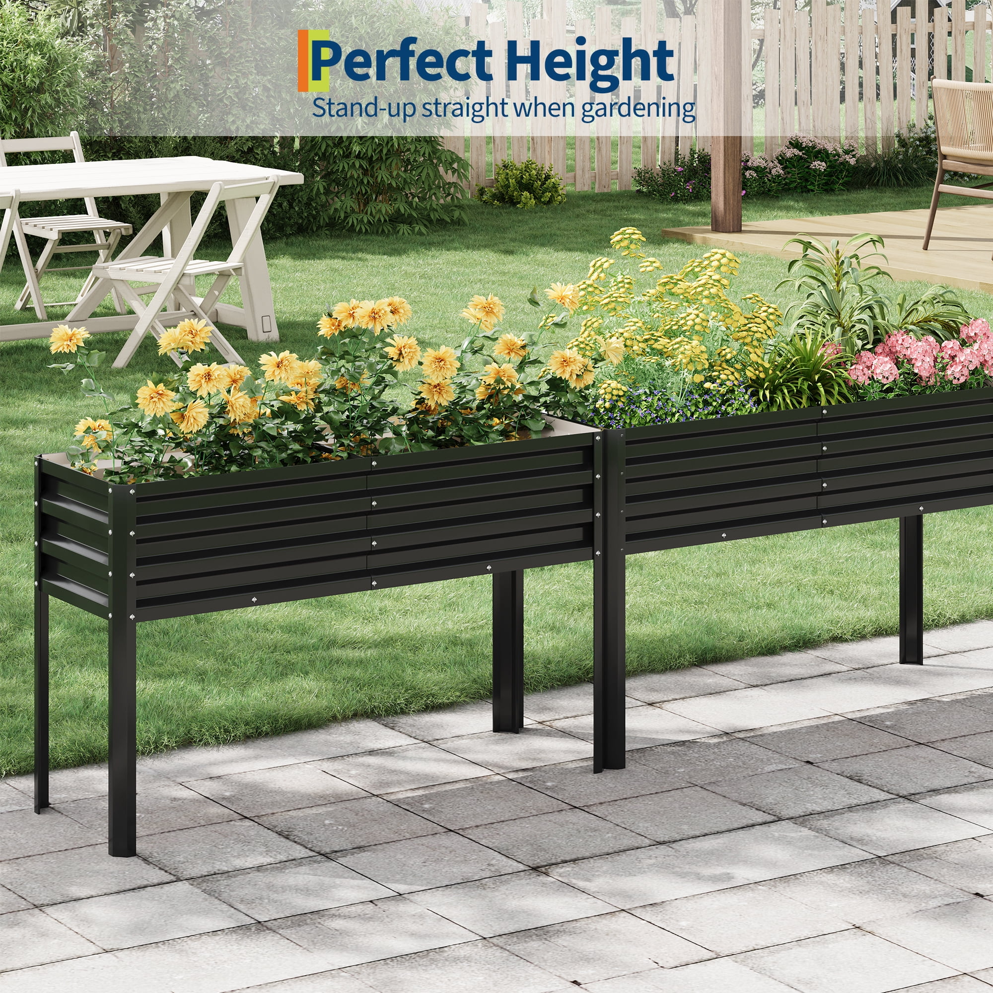 50×17×32 in Elevated Metal Raised Garden Bed with Legs – Self-Watering & Drainage System – Sturdy Galvanized Planter Box for Growing Vegetables, Flowers, Herbs – Patio, Backyard, Balcony – Black