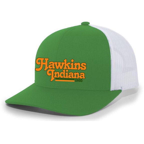 Hawkins Indiana Mens Embroidered Mesh Back Trucker Hat, Kelly Green/White