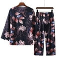 thumbnail image 4 of Sakmal Cropped Womens Pajamas Sets 3/4 Sleeve Cotton and Linen Button Down Floral 2 Piece Sleepwear Tops, 4 of 4