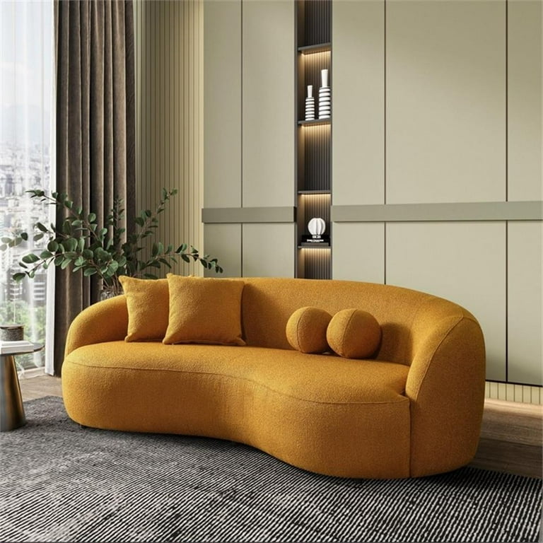 Bloom Modern Japandi Style Curvy Sofa in Dark Yellow, Luxury Bloom Modern Japandi Style Curvy Sofa in Dark Yellow, Luxury