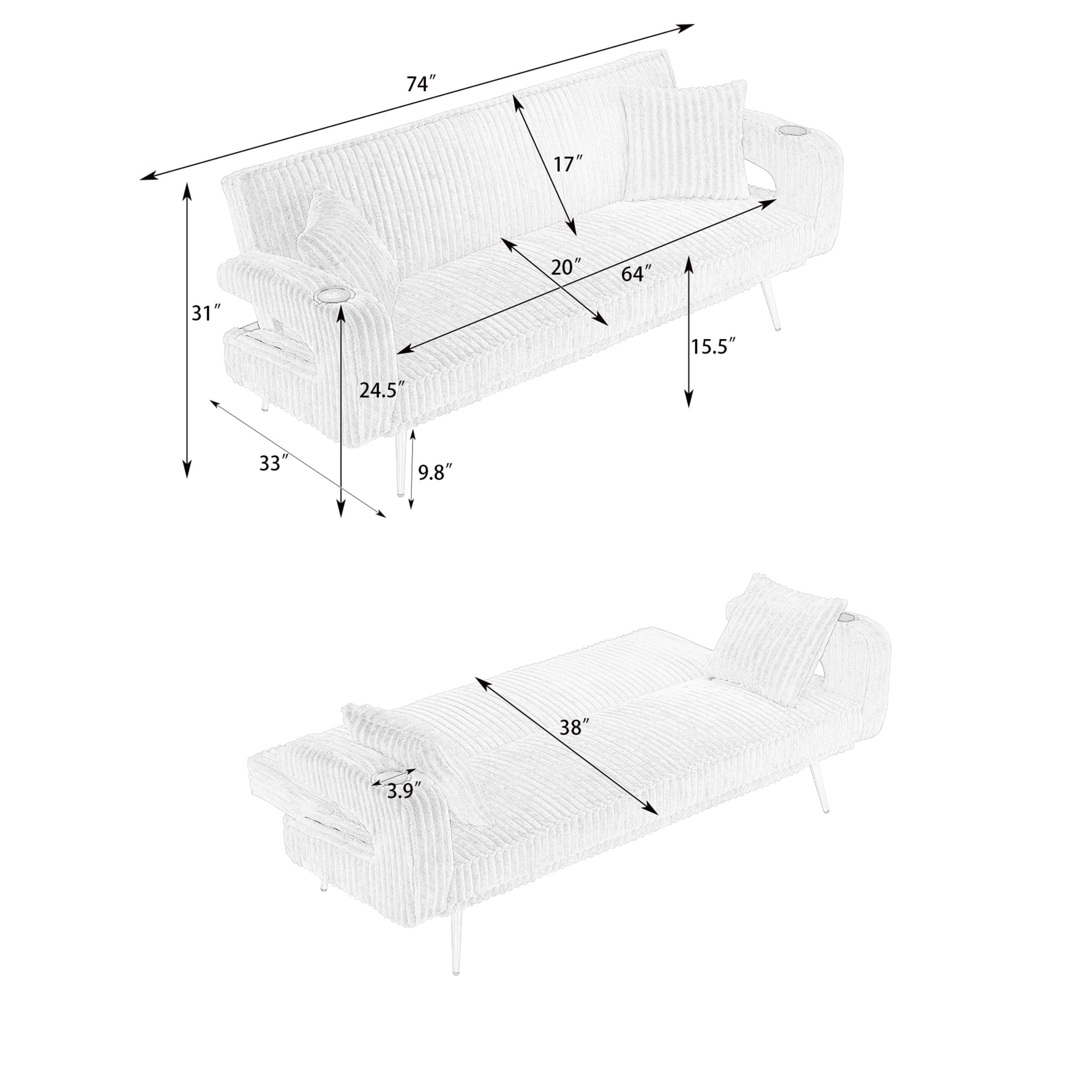 Corduroy Futon Sofa Bed with Pillows,74 inch Modern Convertible Loveseat Sleeper Bed with Adjustable Backrest for Living Room,Orange