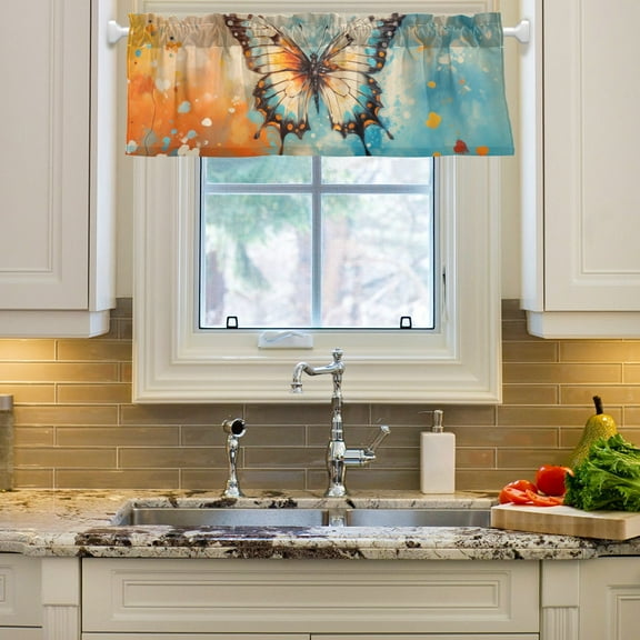 Butterfly Painting Curtain Valances Farmhouse Design Window Treatment Decor Blackout Rod Pocket for Windows Living Room Kitchen 54" x 18"