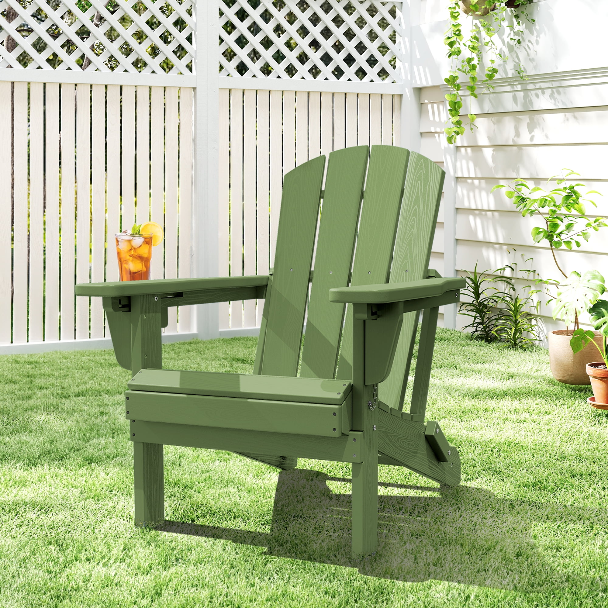 SERWALL Adjustable Folding HDPE Adirondack Chair Outdoor with Cup Holder, for Outdoor, Patio, Poolside, Garden, Avocado