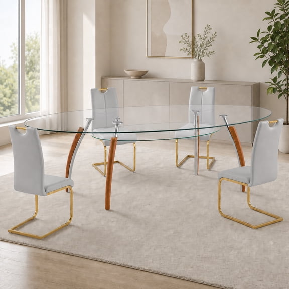 Sumdeal Modern 5-Piece Dining Set, 63-Inch Oval Tempered Glass Table with 4 Gray PU Leather High-Back Chairs, Gold Legs