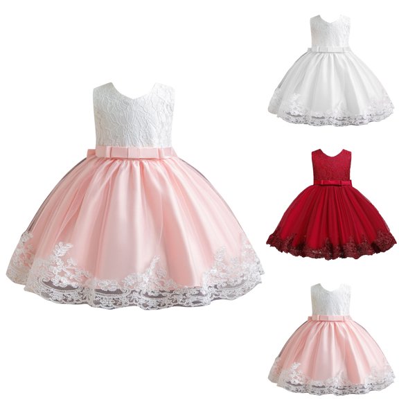 THDHVS Flower Girl Dresses for Wedding,Solid Color Lace Mesh Tiered Cake Dress with Bow Round Neck Sleeveless Design for Little Girls Performance,Girls Dresses White 3-4 Years