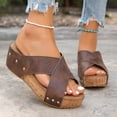 thumbnail image 2 of Rokment Platform Wedges Dress Slides Sandals for Women 2026 Fashion Comfortable Leather Crooss-Band Chunky High Heels Slip-On Beach Lightweight Casual Walking Slippers Shoes Brown Size 6, 2 of 7