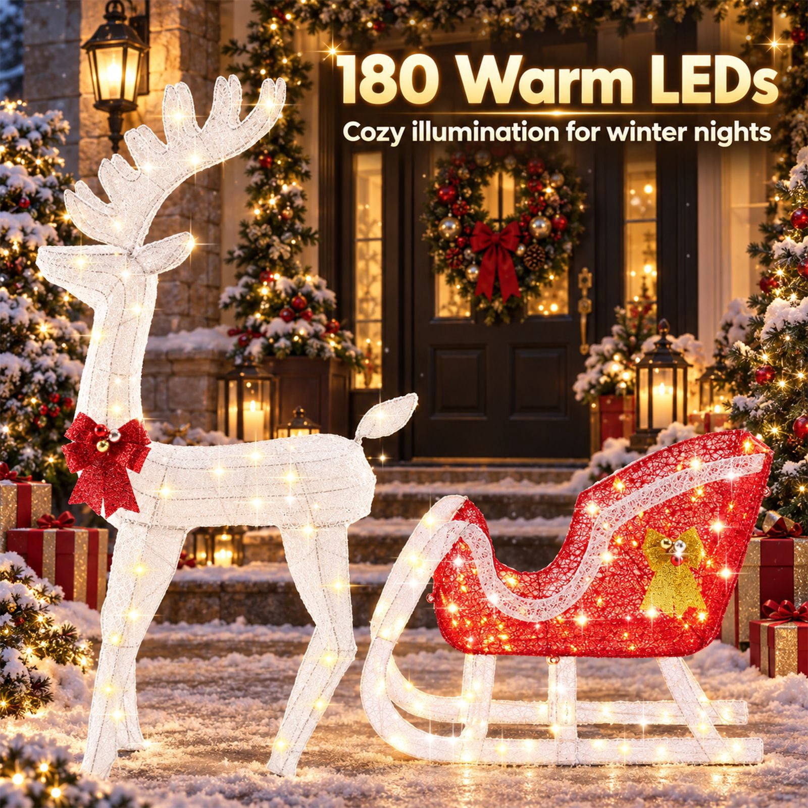 Alvantor Christmas Decoration Lighted Reindeer Sleigh, 180 LEDs, Yard Decor, White, 25.6 x 9.1 x 47.6 In