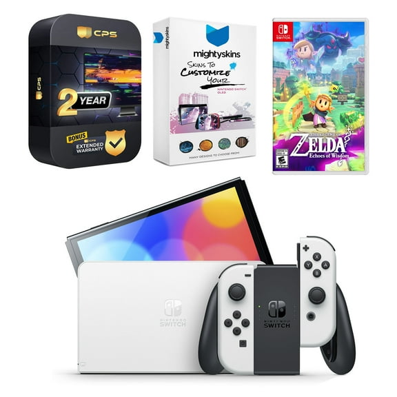 Nintendo Switch White OLED Console with The Legend of Zelda Echoes of Wisdom, MightySkins Console and Controller Skin Voucher, and 2 Year CPS Extended Warranty