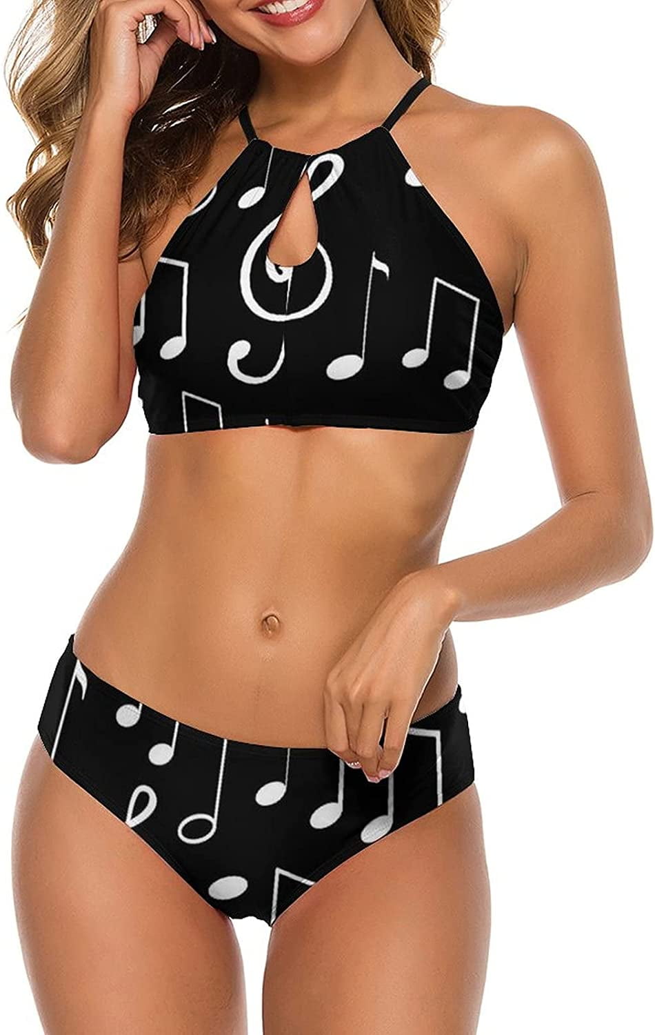 Music Notes Notation Sketches Women's Halter High Neck Bikini Swimwear Set Cross Back Bathing