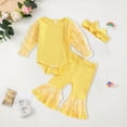 thumbnail image 2 of TOWED22 Baby Girl Clothes Print Long Sleeve Romper Shirt Flare Pants Cute 3PC Fall Winter Outfits+Headband,6-9 M, 2 of 5
