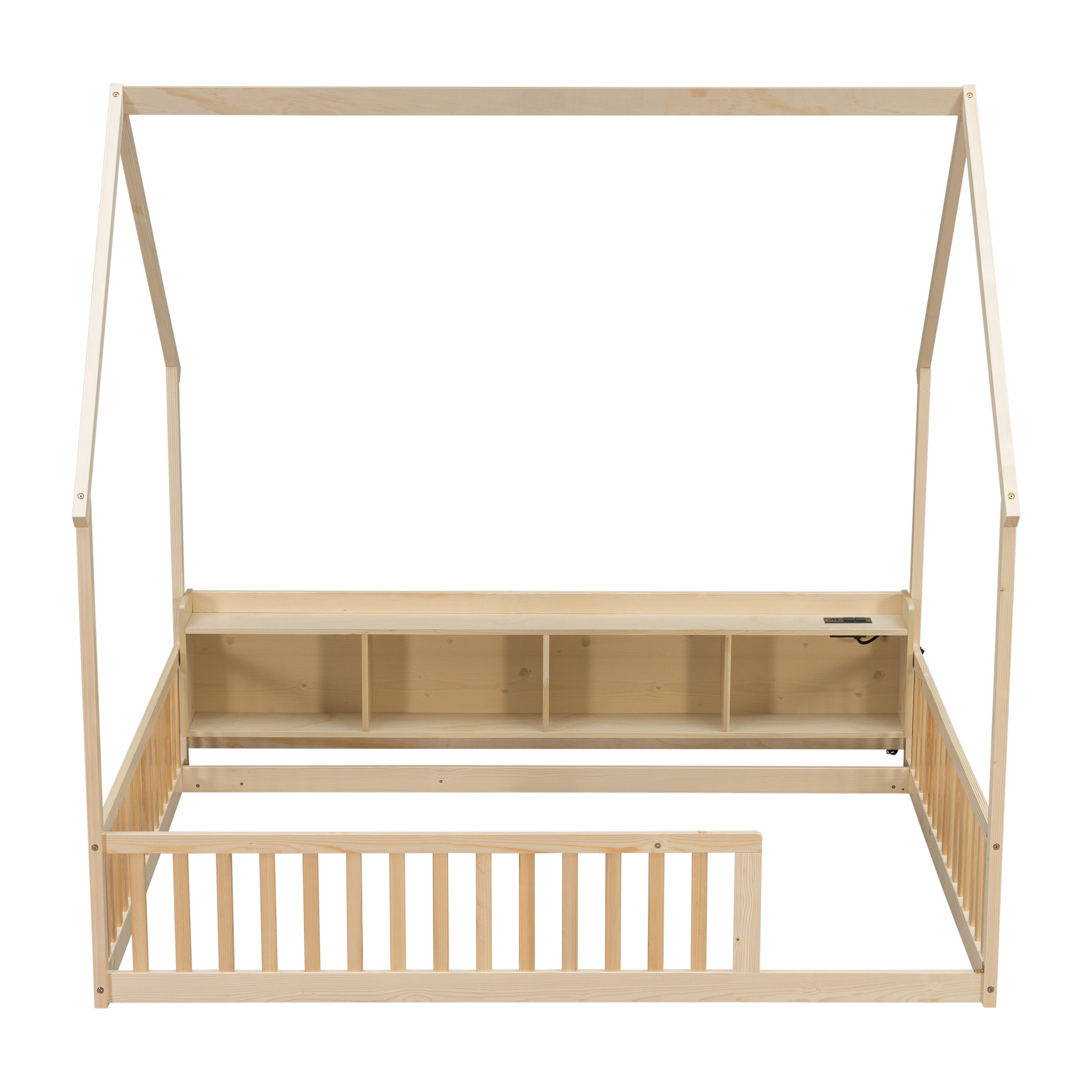 Floor Bed with House Design and Storage Shelves, Full Pine Wood Platform Bed and Charging Station Bed Frame with LED Lights and Guardrails, Natural