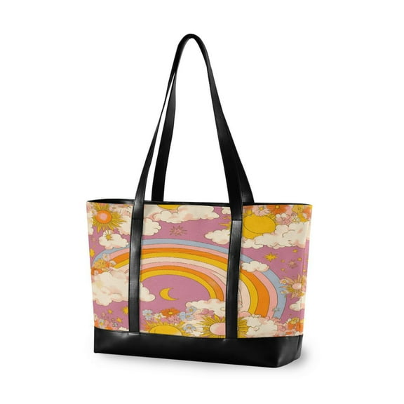 FORMRS Canvas Laptop Tote Bag for Women with 15.6" Computer Compartments Shoulder Handbag, Purple Retro Rainbow
