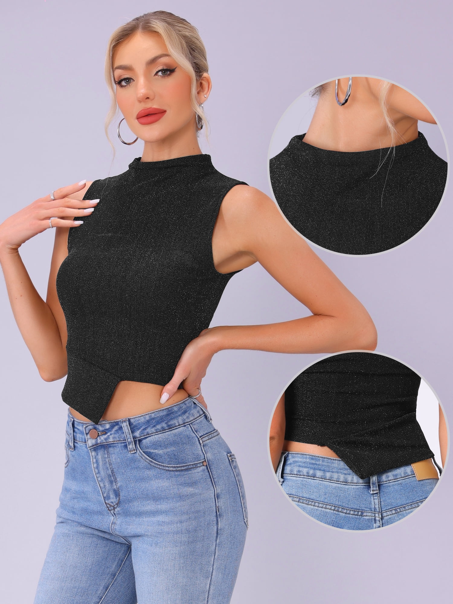 DARING DIVA Women's Glitter Mock Neck Sleeveless Asymmetrical Hem Outfit L Black