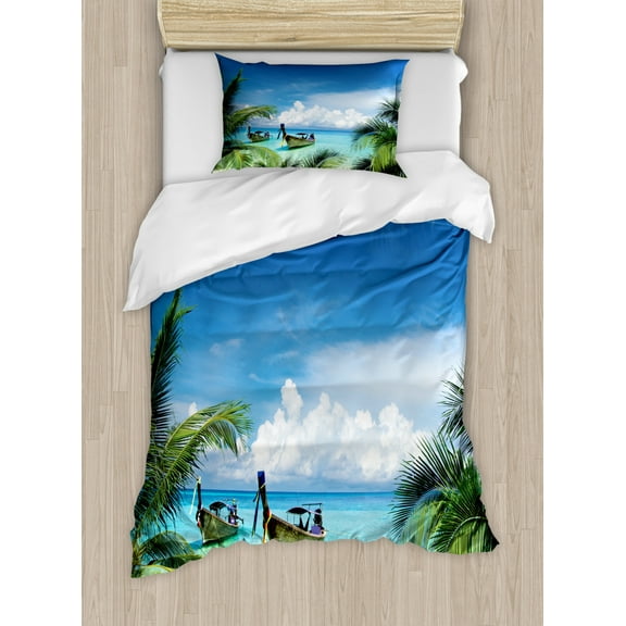 Travel Twin Size Duvet Cover Set, Exotic Hawaiian Beach with Palm Trees and Fishing Boats Paradise Picture, Decorative 2 Piece Bedding Set with 1 Pillow Sham, Blue Green Turquoise, by Ambesonne