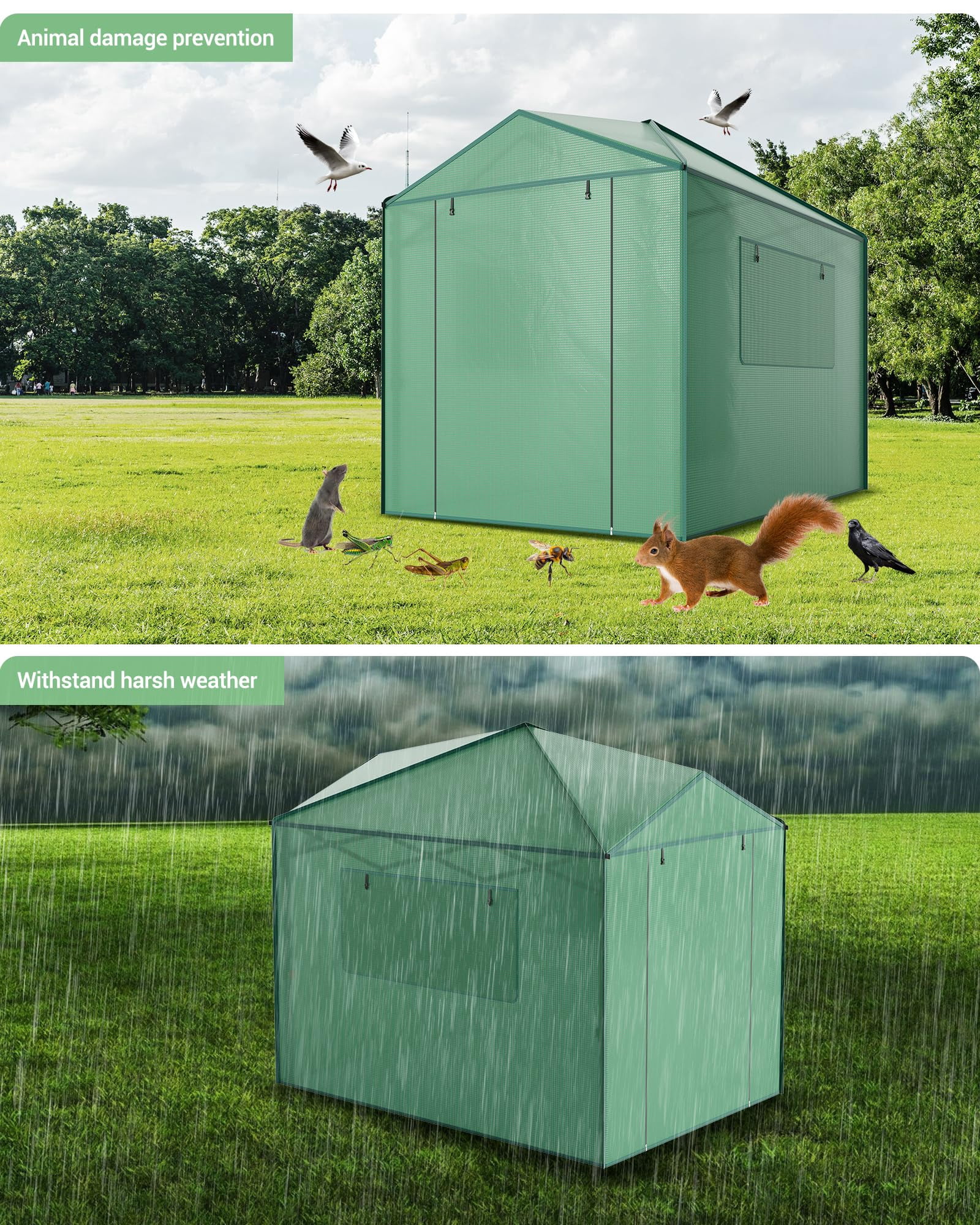 Instant Pop-up Greenhouse, Portable Indoor Outdoor Plant Gardening Green House, Roll-Up Zipper Doors and Side Windows, Walk in 8x12 ft, PE Cover, Green/Clear