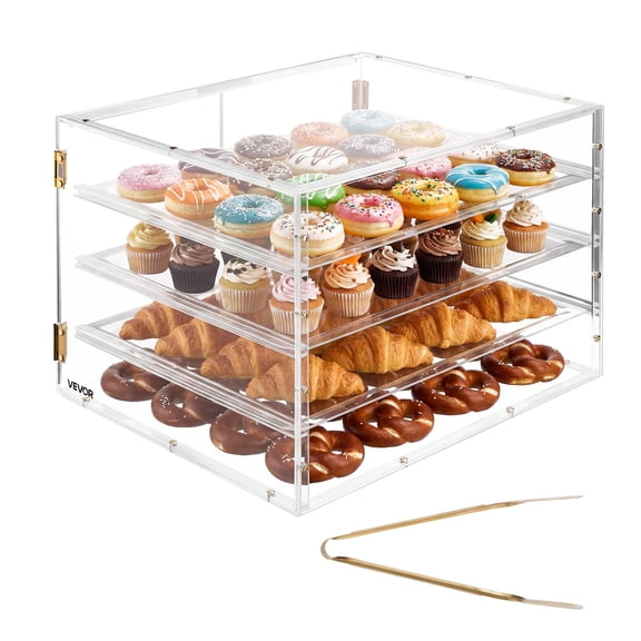 VEVOR Bakery Display Case, 4-Tier Commercial Countertop Pastry Display Case, Clear Acrylic Bread Box for Kitchen, Party Cake Cabinet with Magnetic Rear Door for Cookie Dessert Donut,22.4"x17.3"x15.9"