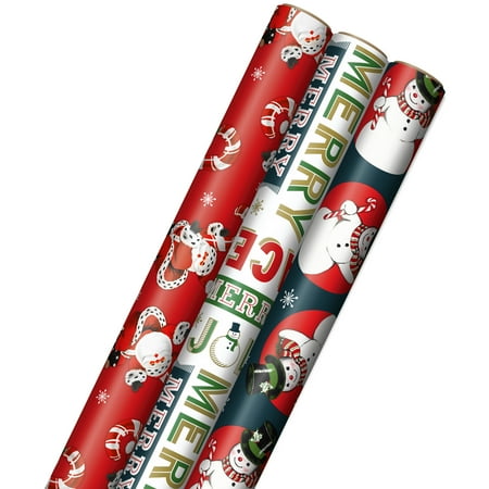 Hallmark Vintage Christmas Wrapping Paper Cut Lines on Reverse (3 Rolls: 120 sq. ft. ttl) Dancing Santas Classic Snowman Merry Jolly Happy Peace
