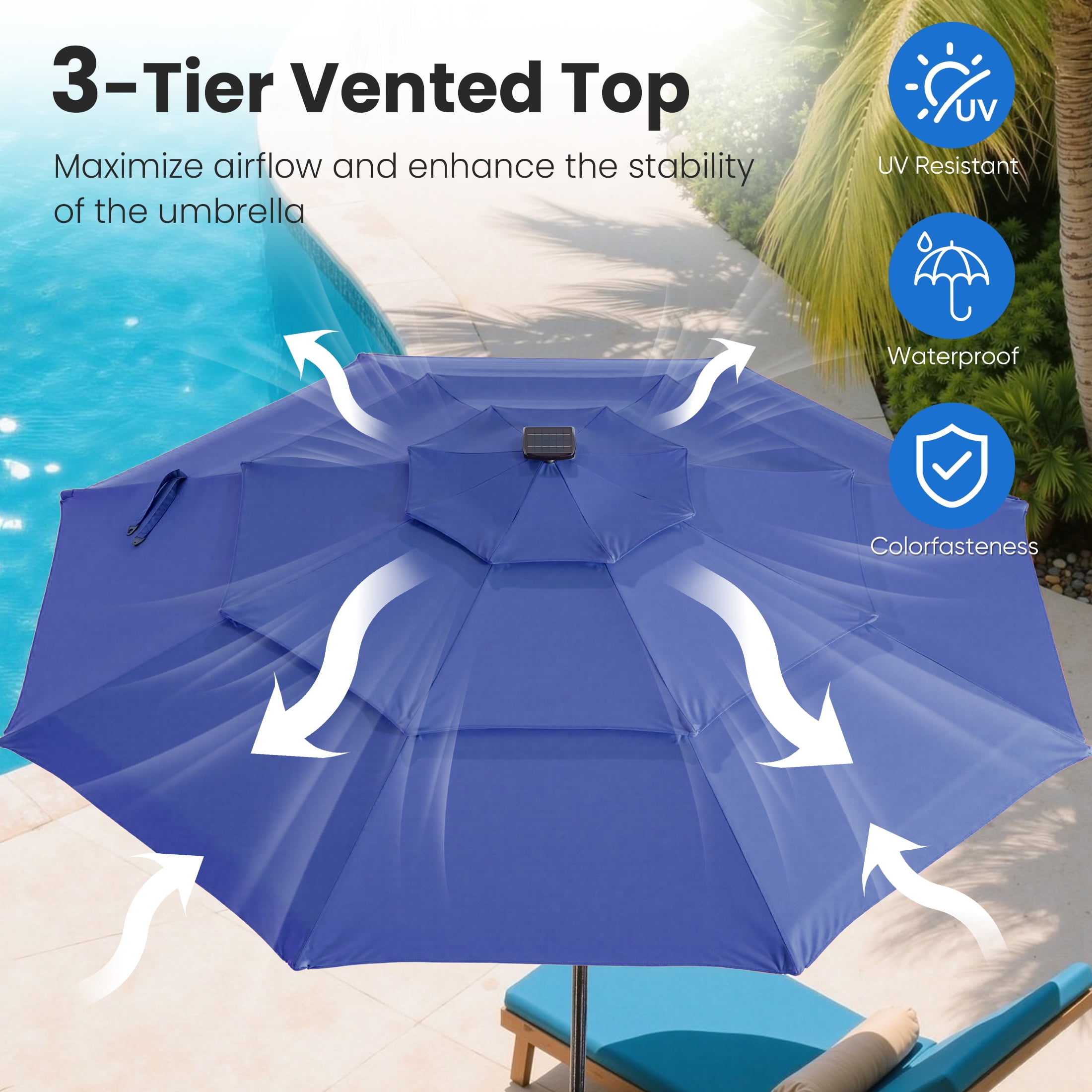 edx 10ft 3-Tier Solar LED Patio Umbrella with Tilt Adjustment and UV-Resistant Polyester Fabric, Outdoor Market Umbrella, Navy Blue