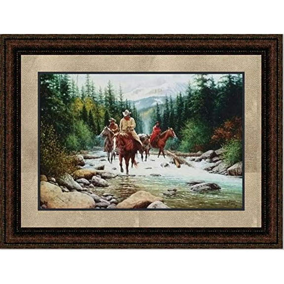 White Water Crossing | Framed Western Art in Double Mat | 25L X 29W" Inches