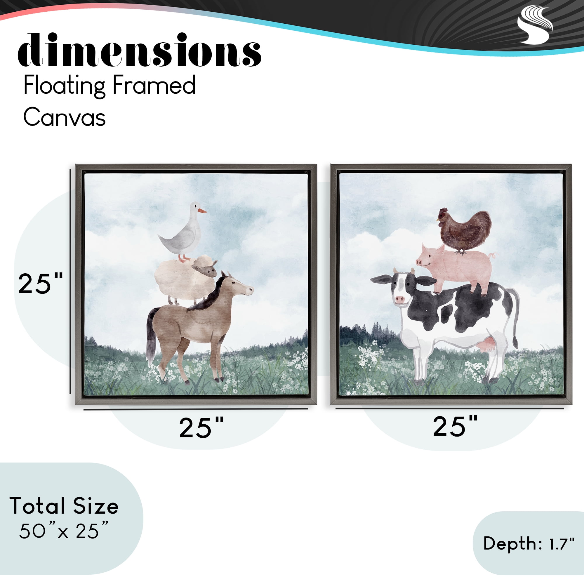 Stupell Industries Stacked Animals Blue Sky Farm 2 Piece Gray Framed Floater Canvas Set, design by Kim Allen