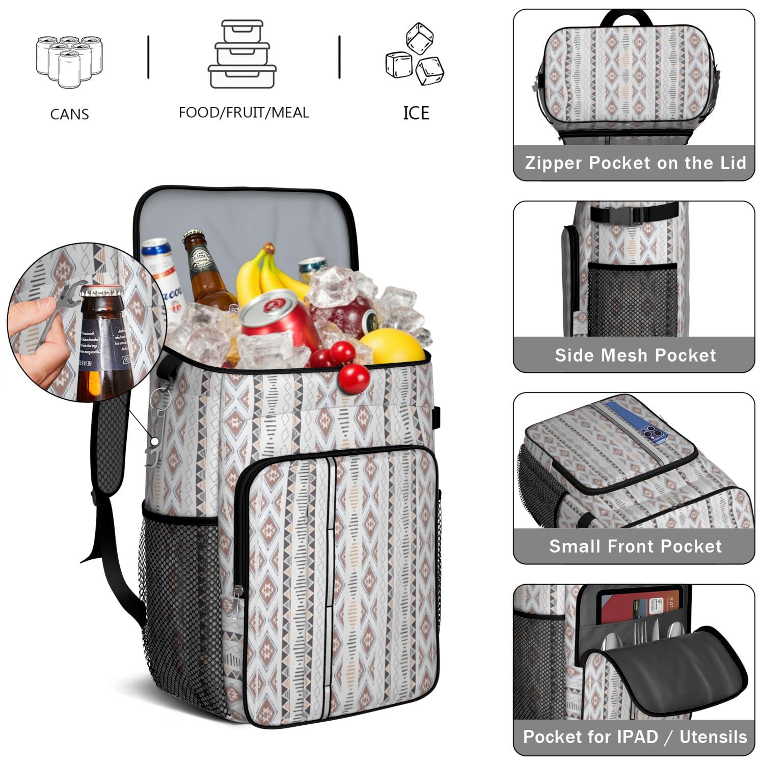 Travel Cooler Bag - Boho Bohemia Pioneer Flower Geometric Line Art Camping Beer Cooler Backpack with Bottle Opener- Waterproof Insulated Picnic Backpacks - Cooler Bag for Beach
