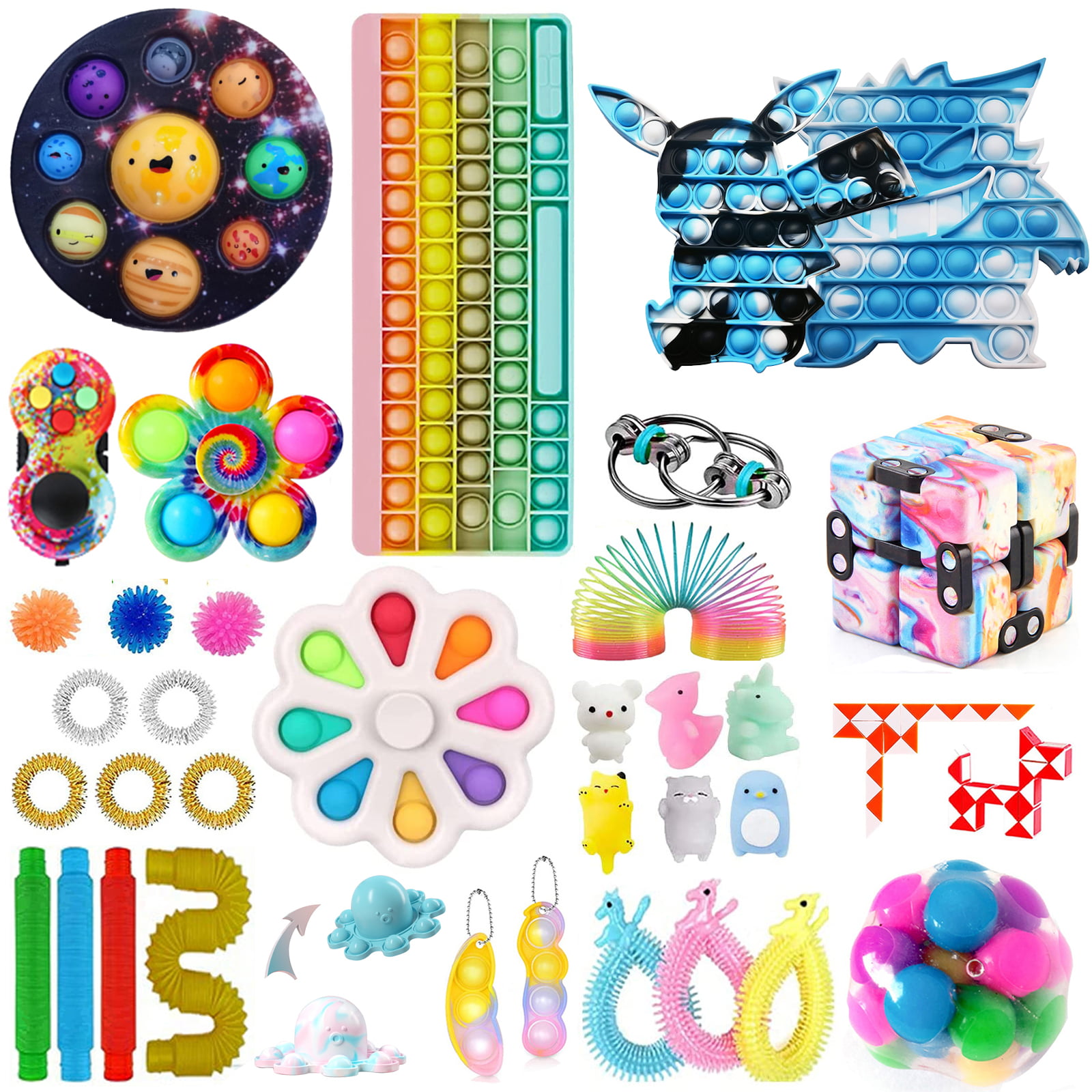 Fidget Package A Dourbesty 37Pcs Fidget Packs Fidget Toy Set Cheap Big Keyboard Rainbow Sensory Pop Fidget Toys Pack with Pop Tube Dimple Spinner Figetgets Stress Relief Toys for Party Supplies