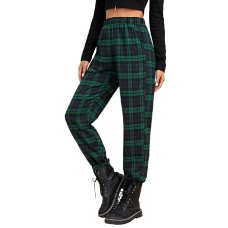 Qiylii Women Elastic Waist Plaid Ankle Length Sweatpants Sport Long Pants