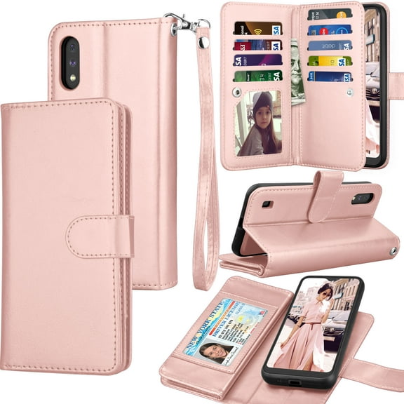 Galaxy A01 Case, [US Version] Galaxy A01 Wallet Case, Tekcoo Luxury PU Leather Cash Credit Card Slots Holder Carrying Flip Cover [Detachable Magnetic Hard Case] Kickstand for Samsung A01 [Rose Gold]