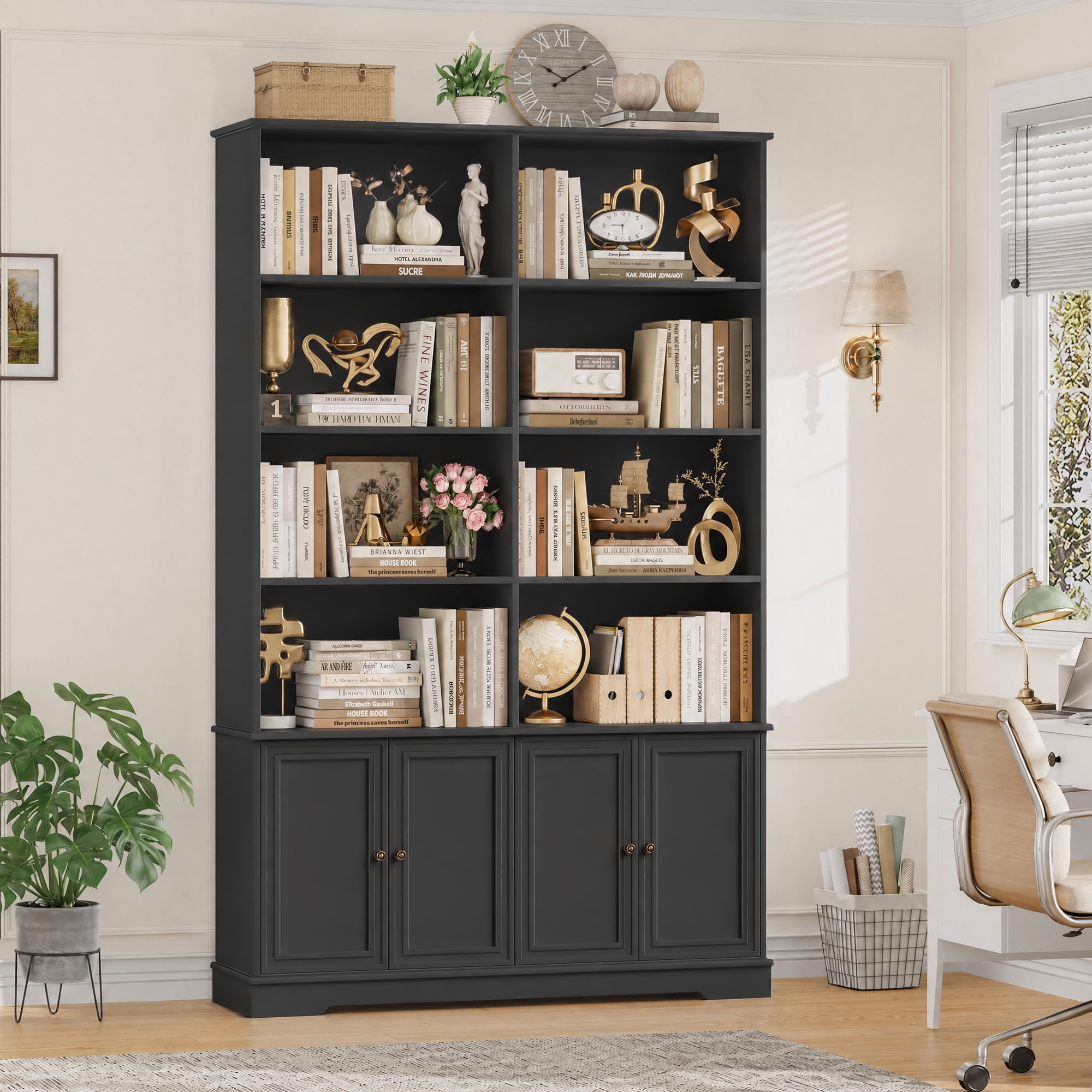 Homfa 73'' Bookcase and Bookshelves with Doors, Double Wide Wood Display Bookshelves for Living Room Home Office, Black