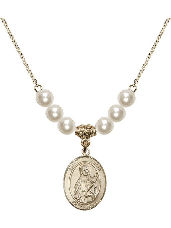 18-Inch Rhodium Plated Necklace with 6mm Sterling Silver Beads and Sterling Silver Saint Lucy Charm. 
